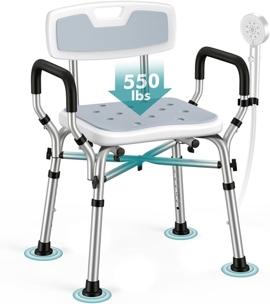 VFAUOSIT Shower Chair for Elderly and Disabled, 550 lbs Shower Chair for Inside Shower with Arms and Back, FSA/HSA 6-Height Shower Seats for Adults with Shower Bag, Bath Chairs for Seniors Inside Tub